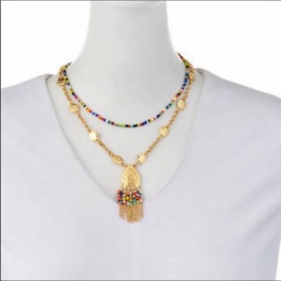 Neiman Marcus NEW Boho Multi Colored Beads 2 Tiered Gold Beaded Necklace - Picture 1 of 5